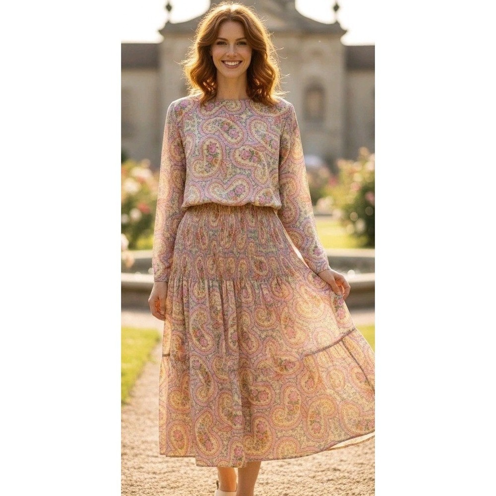 Vintage Ursula of Switzerland Maxi Dress Women's 12 Pink Paisley Cottagecore USA
